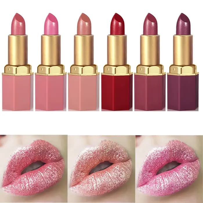 6 couleurs barre d'or Tube rouge à lèvres diamant nacré paillettes or rose