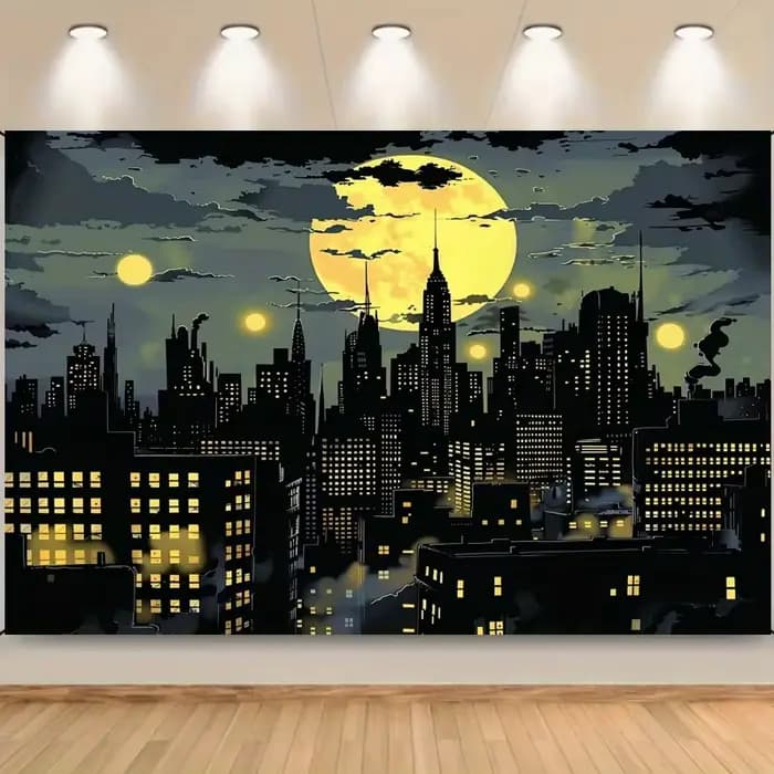 Fond de super-héros City : horizon vibrant, pleine lune et motif chauve-souris - Parfait pour la photographie, les fêtes et la décoration