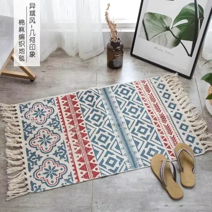 Tapis en lin de coton turc, imprimé à la main, avec glands, pour l'entrée, lavable pour la chambre, la cuisine et la salle de lavage
