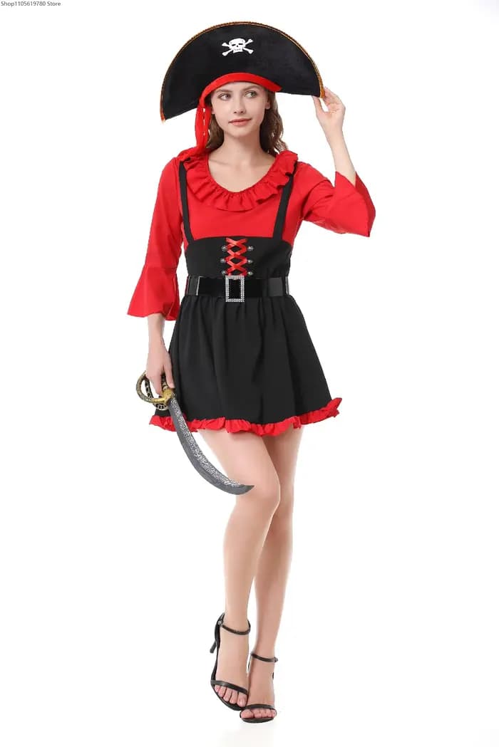 Costume de pirate rouge pour femme, ensemble complet pour Halloween, carnaval, bar, club, scène, fête quotidienne, cosplay, performance
