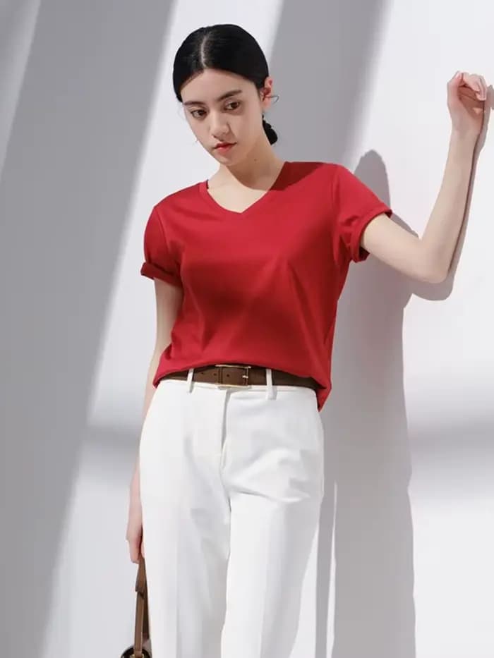 T-shirt col rond double face en coton pour femmes, nouveau haut col V basique grande taille à manches courtes