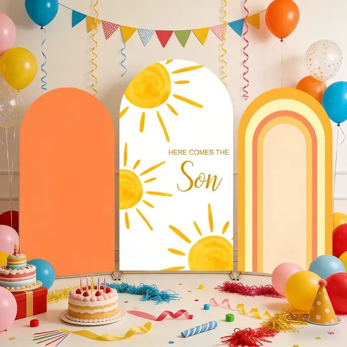 Voici l'arrière-plan de fête d'anniversaire « Here Comes The Sun » orange, arc-en-ciel, soleil, pour garçons, décoration photo, fond de photographie pour baby shower