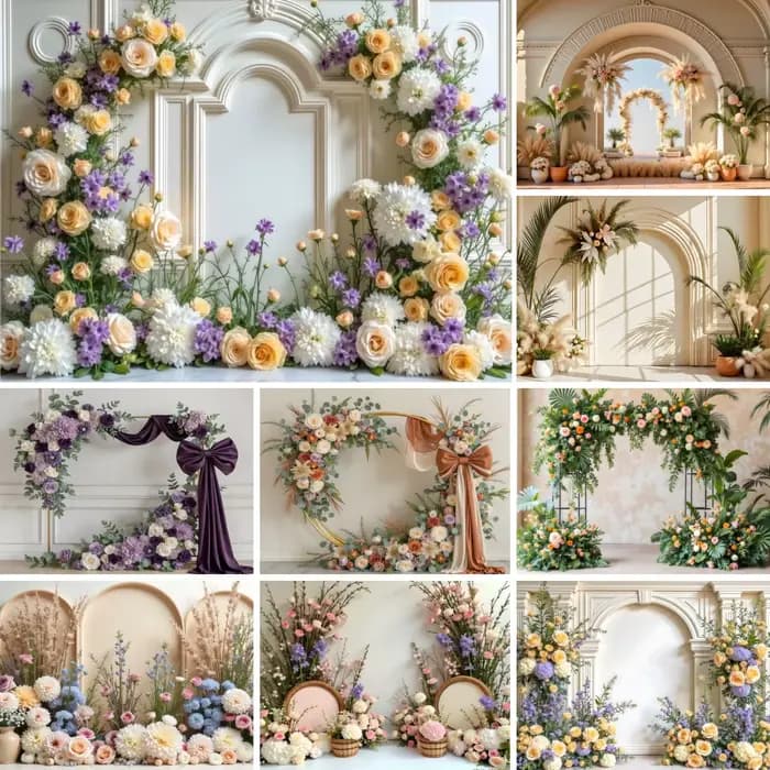Toile de fond photographique pour mariage, fête, douche nuptiale, portrait de fille, maternité, avec arche européenne, mur fleuri et décor de fête