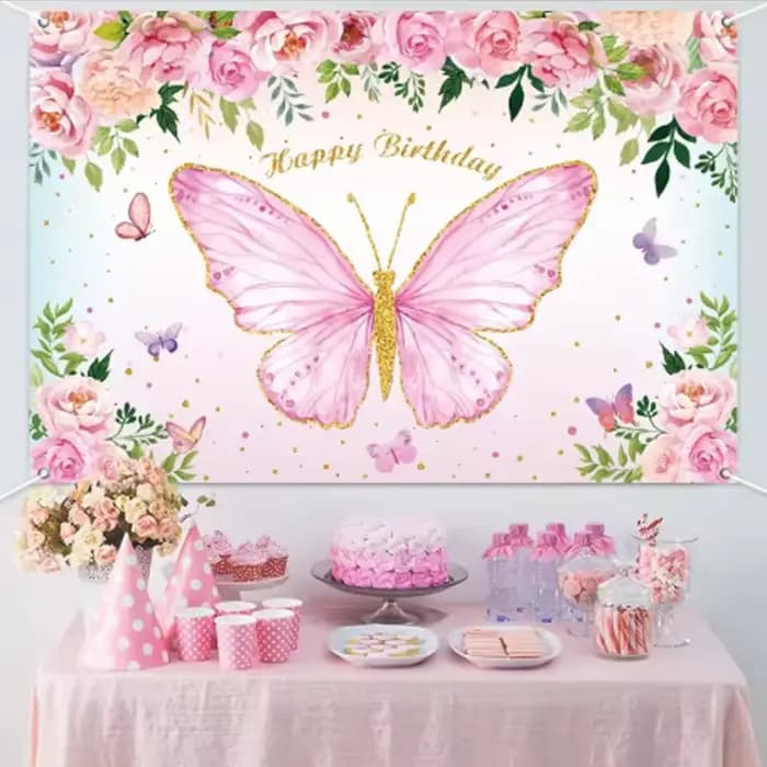 Arrière-plan sur le thème de la fête d'anniversaire, fleur de papillon rose, décor de réception-cadeau pour bébé, drapeau suspendu, accessoires d'arrière-plan
