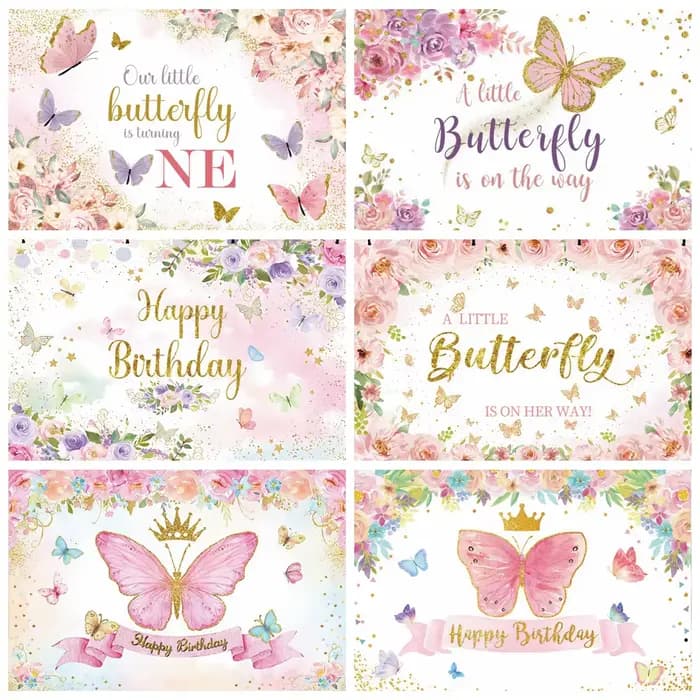 Toile de fond papillon pour fête d'anniversaire, princesse fleur, réception-cadeau pour bébé, nom personnalisé, décor de fond de photographie, affiche de bannière