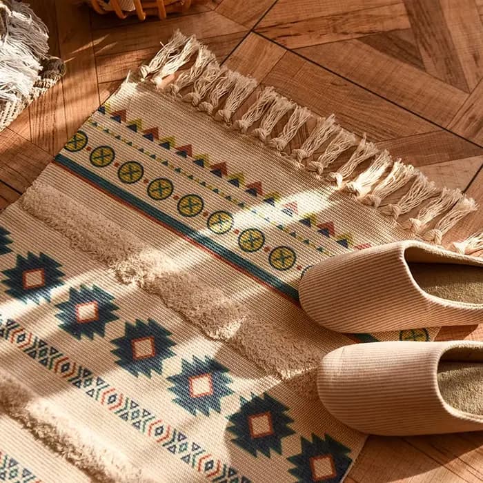 Tapis Bohème en Coton et Lin Tissé à la Main avec Pompons, Tapis de Sol Géométrique pour Chambre à Coucher, Tapis de Chevet Antidérapant, Tapis de Cuisine, Décoration Intérieure
