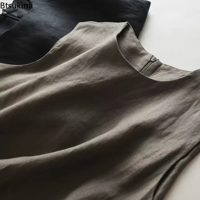 Robe d'été 2026 en coton et lin pour femme, style rétro littéraire, col en V, unie, sans manches, décontractée, ample, pour soirée, Vestidos De Mujer