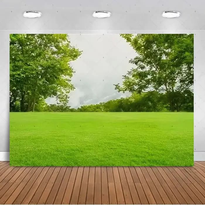 Décorations de fête sur le thème de la prairie ensoleillée, toile de fond avec paysage de montagne vert vif, accessoires de studio photo, bannière et fournitures