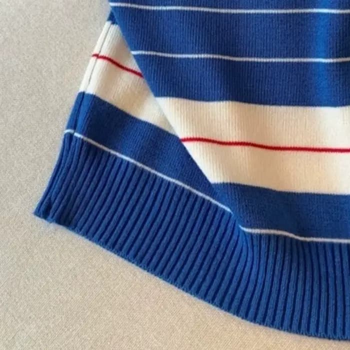 Pull sans manches en maille pour femme, col rouge, à blocs de couleur et rayures, avec broderie décorative, extensible, coupe ajustée, style preppy, pour l'été