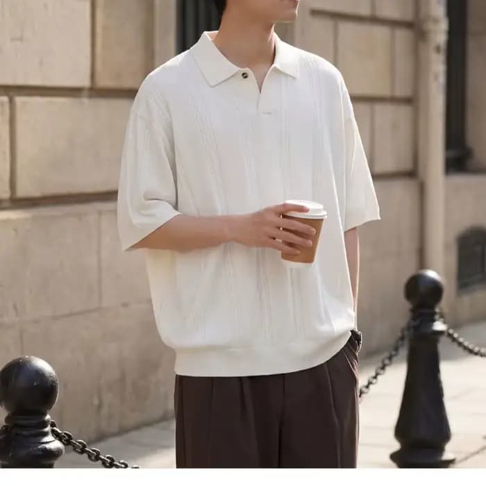 T-shirt à manches courtes en tricot texturé torsadé pour homme, couleur unie, style polo rétro décontracté, été