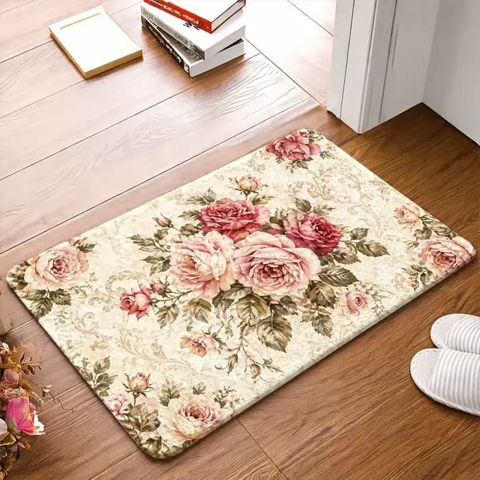 Paillasson vintage rose à motif floral, tapis d'entrée romantique, tapis de sol botanique lavable, décoration