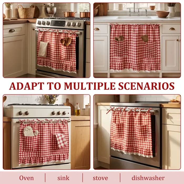 Jupe de four en lin décorative à carreaux pour cuisine, rideau de protection pour lave-vaisselle, jupe de cuisinière avec poches et dentelle, à nouer
