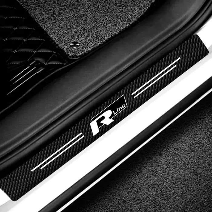 Autocollant de protection de seuil de porte de voiture en cuir et fibre de carbone avec logo Rline pour Volkswagen VW R Line R32 Touareg Passat Polo MTM Blue Motion