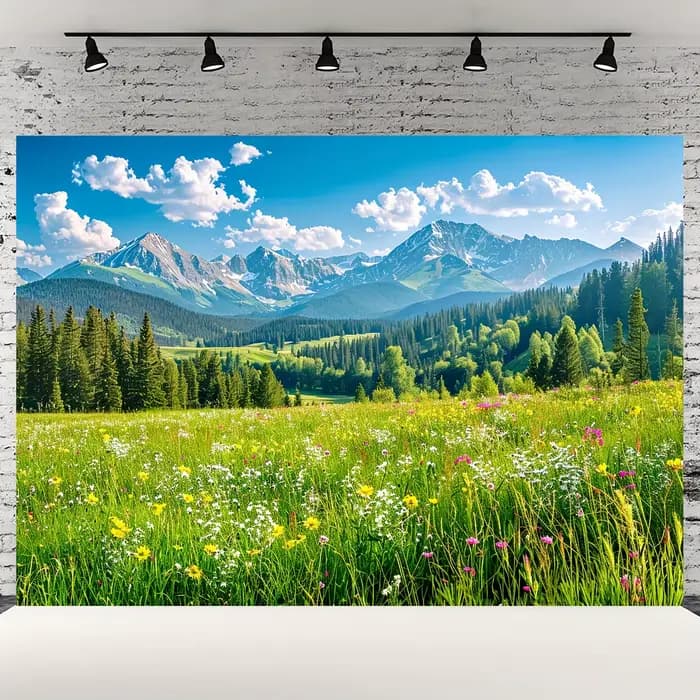 Paysage de printemps, prairie verte, pins, fond de forêt, photographie, camping, aventure, fond de fête, bannière