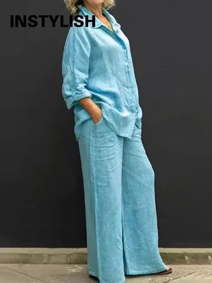 Ensemble Deux Pièces Vintage en Lin pour Femme, Chemise à Manches sulf, lèvent, Chemisier Décontracté, Pantalon Droit, Collection Automne