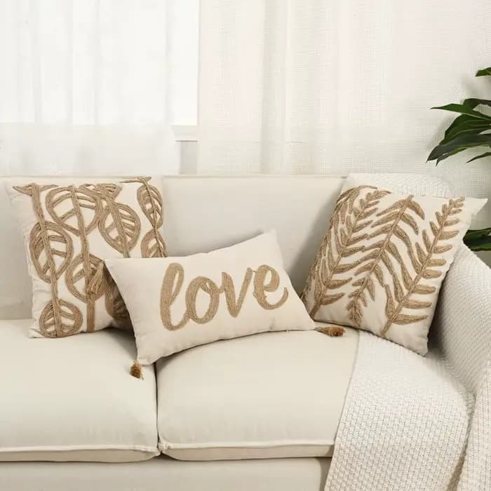 Housse de coussin en lin avec corde brodée, motif lettres et feuilles, franges, glands, luxe élégant, style Boho, taie d'oreiller pour canapé, décoration de la maison