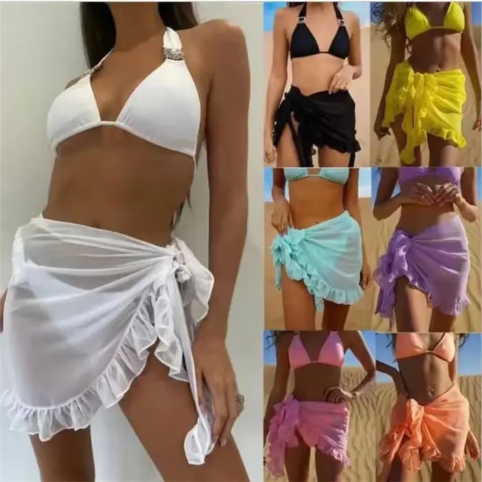 Jupe Sarong Courte en Mousseline de Soie pour Femme, Couvre-maillot de Bain, Document Solide, à Volants, pour la Plage, Bikini Enveloppé, Tulle, Écharpe, Nouvelle Collection d'Été