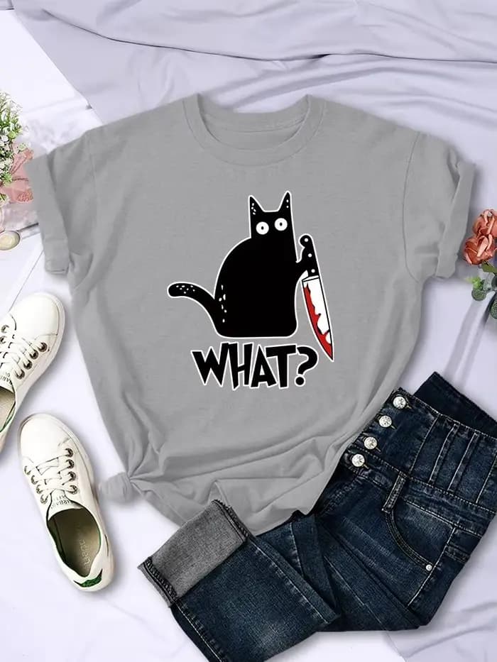 Couteau de cuisine Black Cat Quel? T-Shirts à manches courtes imprimés pour femmes, T-Shirts respirants à la mode, hauts d'été Cool, Streetwear
