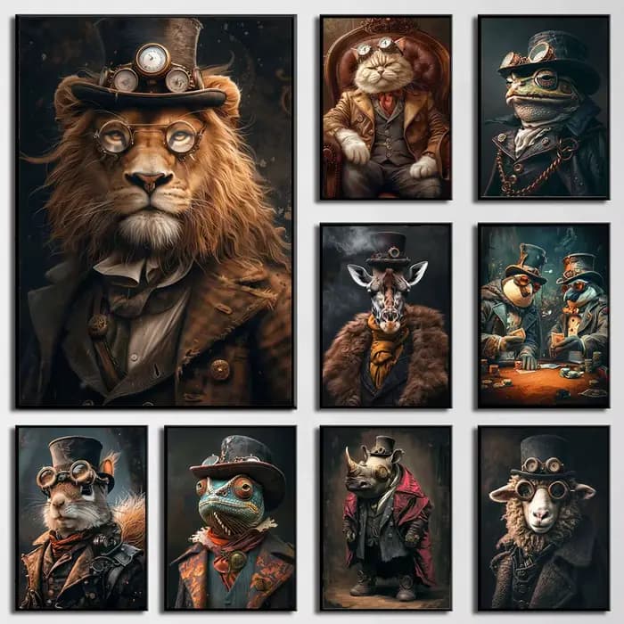 Affiches imprimées sur toile avec Portrait d'animaux Steampunk, images rétro, peinture murale d'art pour décoration de salon et de maison