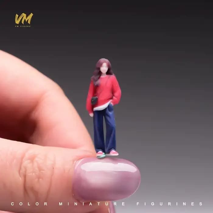 VM 1:64 Figurine en résine miniature Fille au manteau rouge, modèle de scène, figurine imprimée en couleur 3D, ornement de bureau, accessoire de photographie miniature