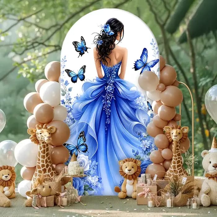 Housse de toile de fond arche papillon bleue à motif floral, thème Princesse, pour Quinceañera, Sweet 15, Mariage, Anniversaire de fille, et comme fond de photomaton