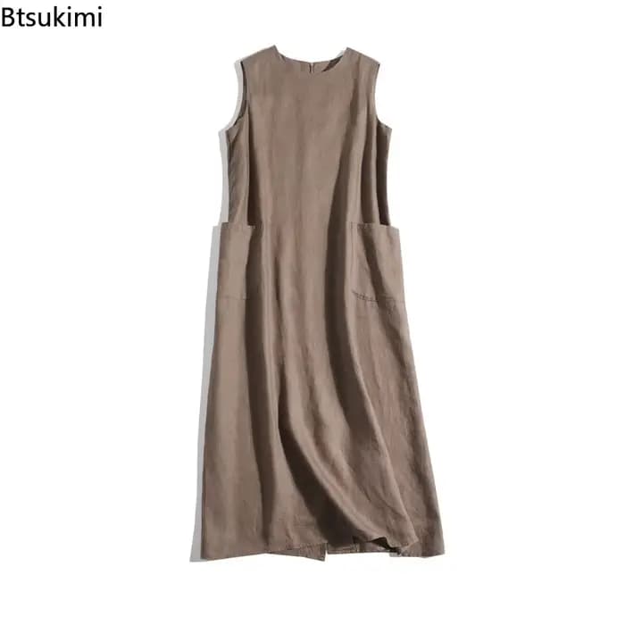 Robe d'été 2026 en coton et lin pour femme, style rétro littéraire, col en V, unie, sans manches, décontractée, ample, pour soirée, Vestidos De Mujer