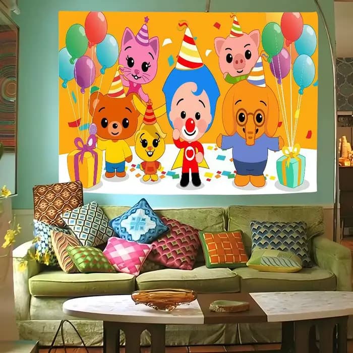 Toile de fond de studio photo pour décoration de fête en extérieur, rideau de fond photo, motif dessin animé Plim Plim