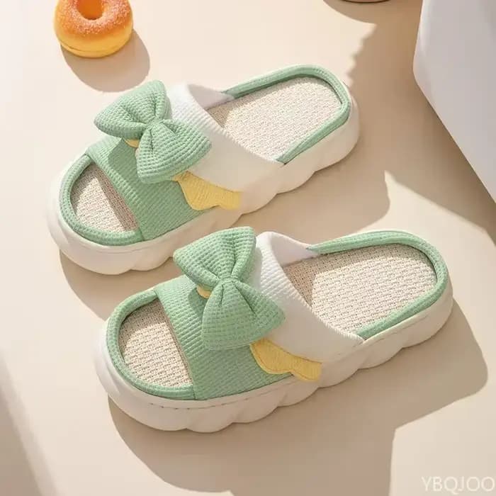 Pantoufles en lin pour femmes, pantoufles d'intérieur confortables, antidérapantes, chaussures en coton, mignonnes pantoufles plates avec nœud papillon, diapositives pour couples, printemps et été