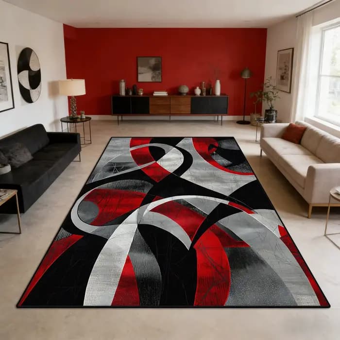 Tapis rouge et noir Vintage européen, tapis abstrait géométrique moderne, grande surface, grand décor de chambre à coucher minimaliste