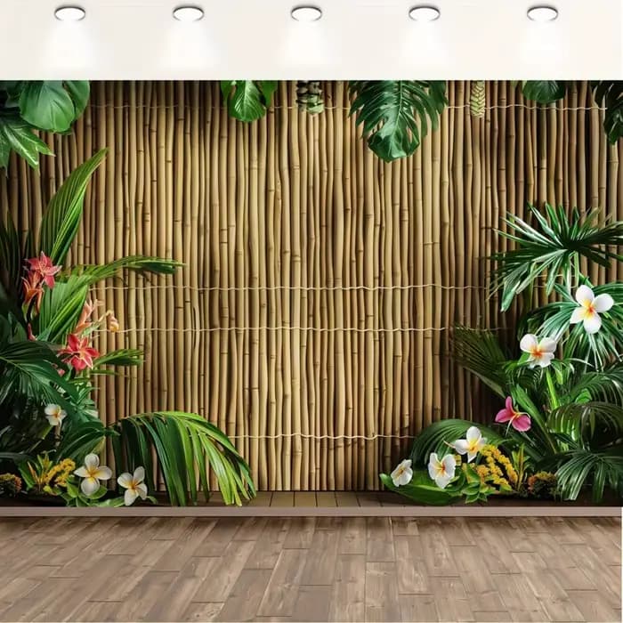 1 fond mural en bambou tropical avec feuilles de palmier et fleurs d'hibiscus - Fond de photographie de plage hawaïenne
