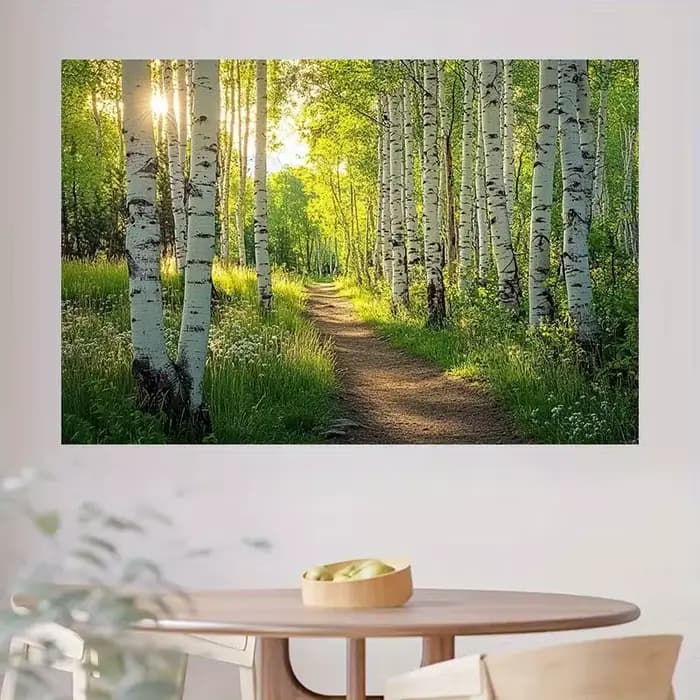 1 fond de sentier de forêt de bouleau ensoleillé - fond de fête de scène de forêt 2D vibrante