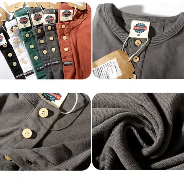 T-shirt à manches longues col Henry pour homme, rétro américain, décontracté, porté à la recherche, délavé, document solide, base simple, manches longues, T