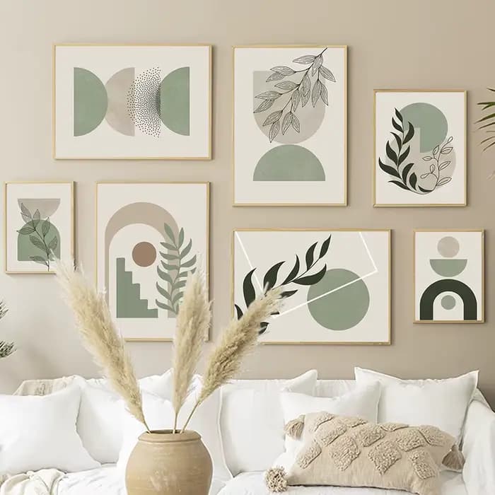 Impressions sur toile murales Boho vert sauge, affiches minimalistes géométriques à motifs de feuilles, art botanique abstrait pour la décoration du salon et de la maison