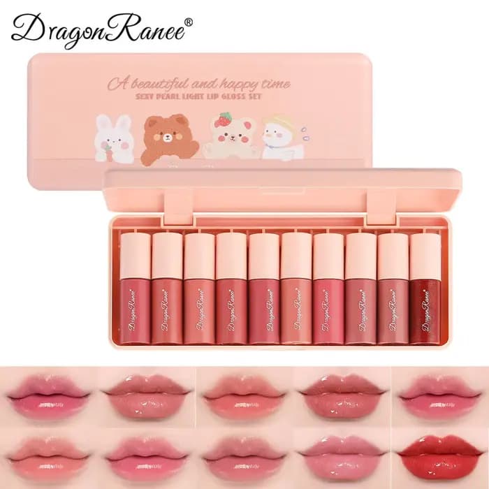 Mini 10 couleurs dessin animé hydratant lèvres glaçure ensemble boîte étanche antiadhésif longue durée miroir