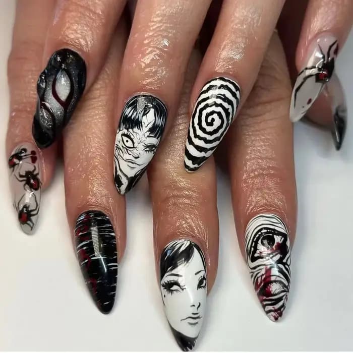 Tomie-Faux Ongles Noir Brcorporelle Réutilisables pour Fille, 24 Pièces, Anime Japonais, Horreur, Ba