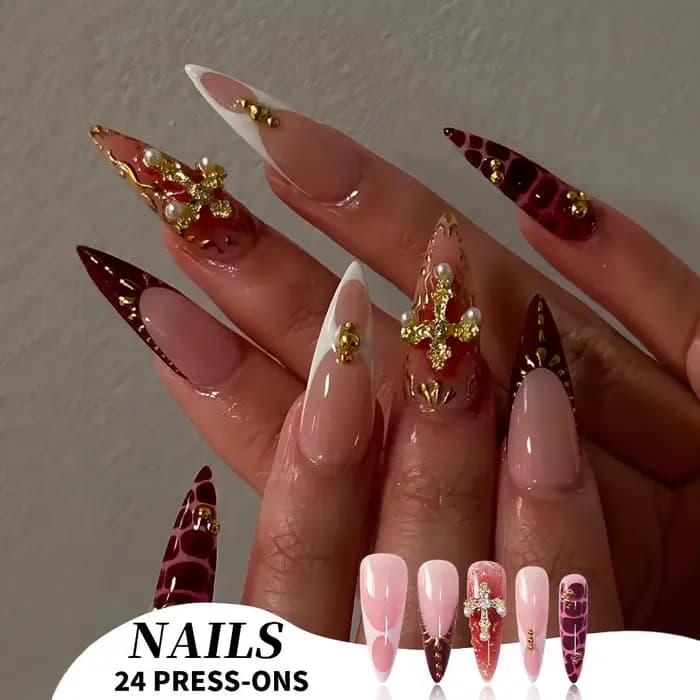 24 pièces faux ongles avec colle amande noir rouge dégradé conception détachable strass acrylique