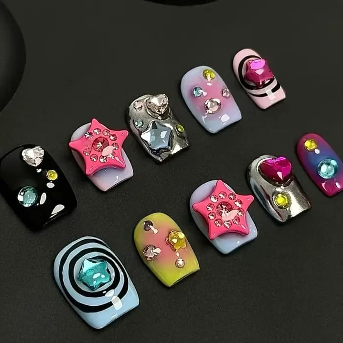 10 pièces haut de gamme pur manuel magique style court adapté à une variété de personnes faux ongles faits à la main