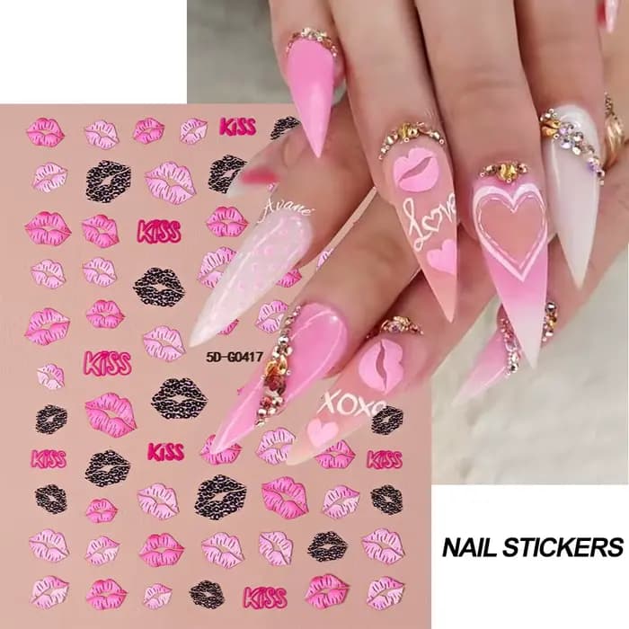 Autocollants 5D en Relief pour Ongles, Lèvres Rouges/Roses, Décalcomanies Romantiques de Luxe, Curse